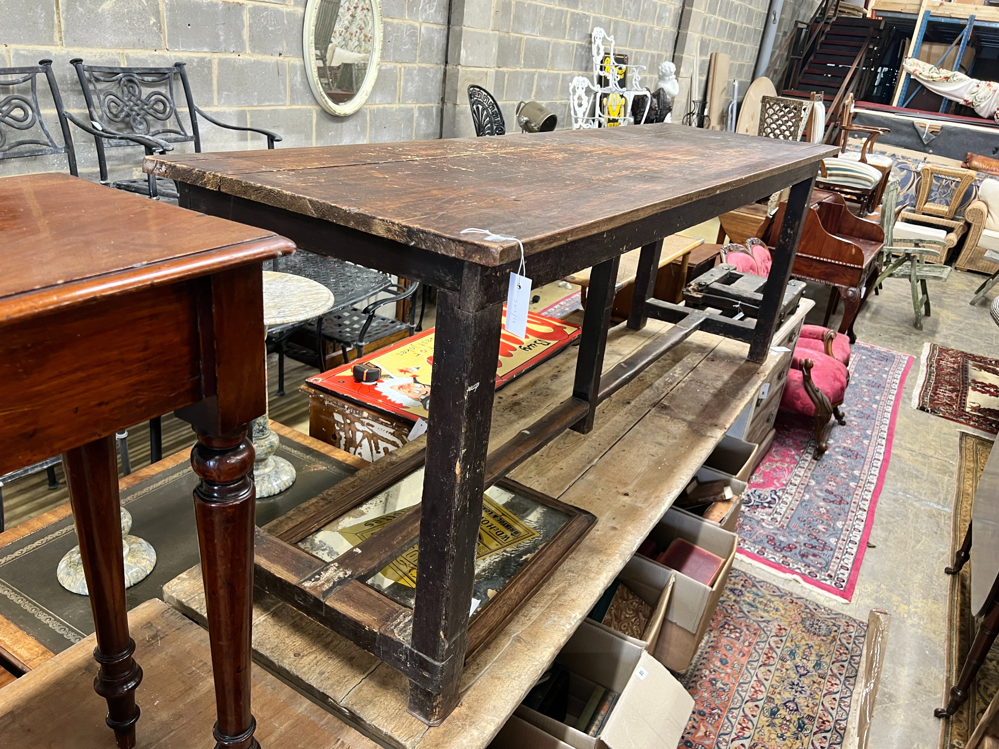 A Victorian stained pine rectangular kitchen table, length 208cm, depth 60cm, height 75cm